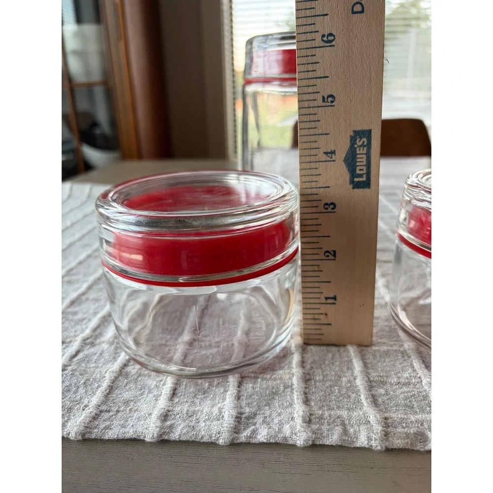 Bormioli Rocco Italy Glass Canister Set 3 Red Seal Kitchen Storage Jars Vintage